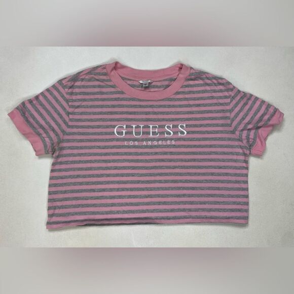 Guess Striped Crop T-shirt Women Small Pink Gray Short Sleeve - Picture 1 of 5